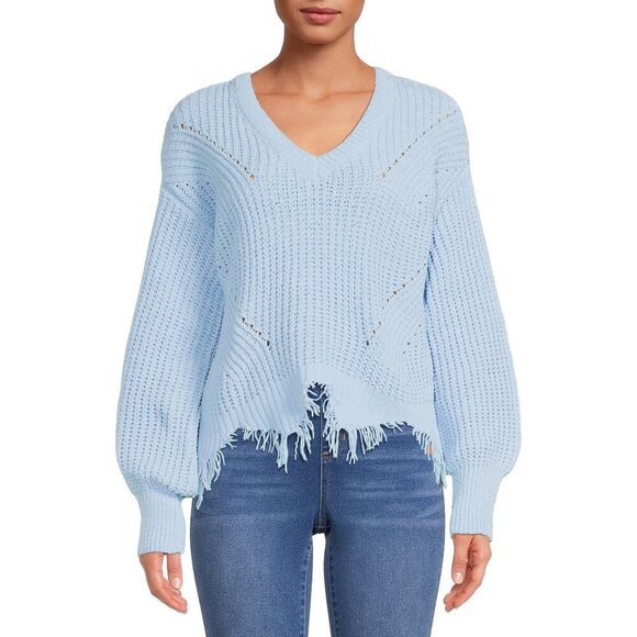 Distressed Fringed Cream Knit Sweater Pullover Balloon Sleeve Fashion Top - Picture 8 of 8